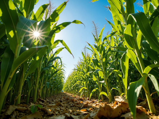 肯尼亚玉米种植基地,绿色玉米田整齐排列,远处有技术人员操作设备